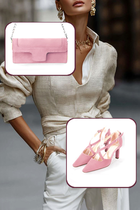 Dress heels closed-back crossed straps in carnation pink leather with high slim heels and tapered toe - Worn view